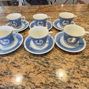 Vintage Blue Duck Motif Teacup & Saucer Set - Set of 6